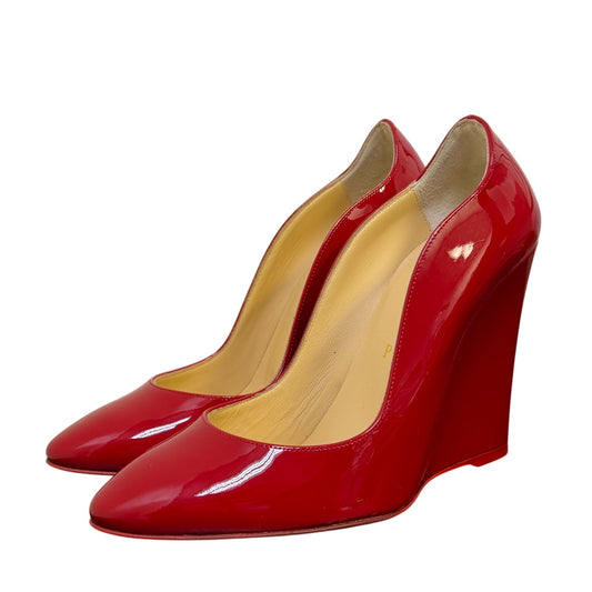 Christian Louboutin Elegant Red Patent Leather Wedge Heels Paris 6