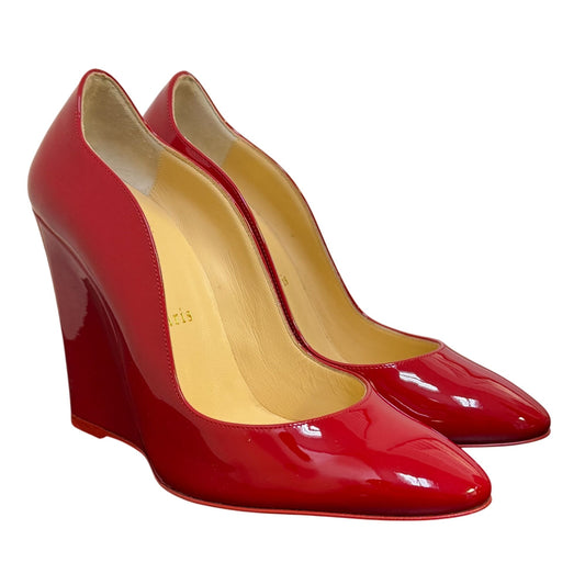 Christian Louboutin Elegant Red Patent Leather Wedge Heels Paris 6