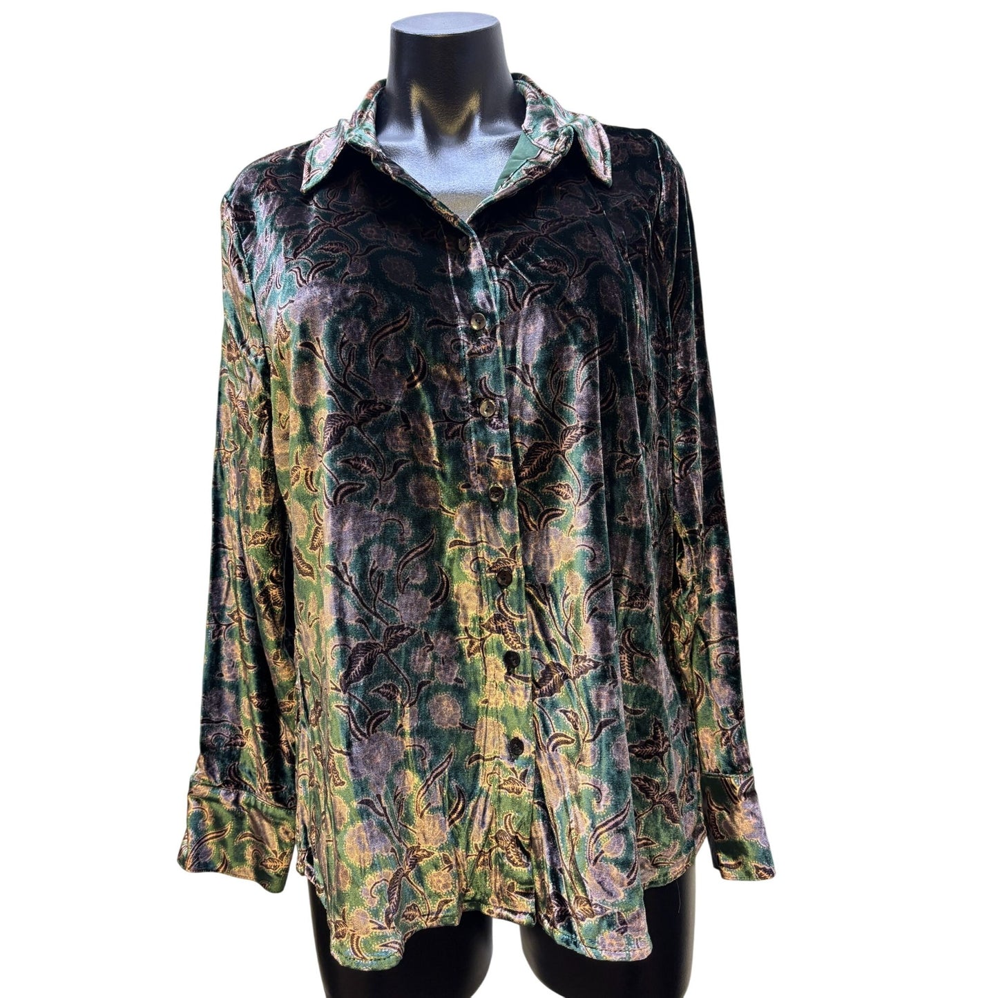 NWT Faherty Stretch Silk Velvet Print Blouse Green Size M