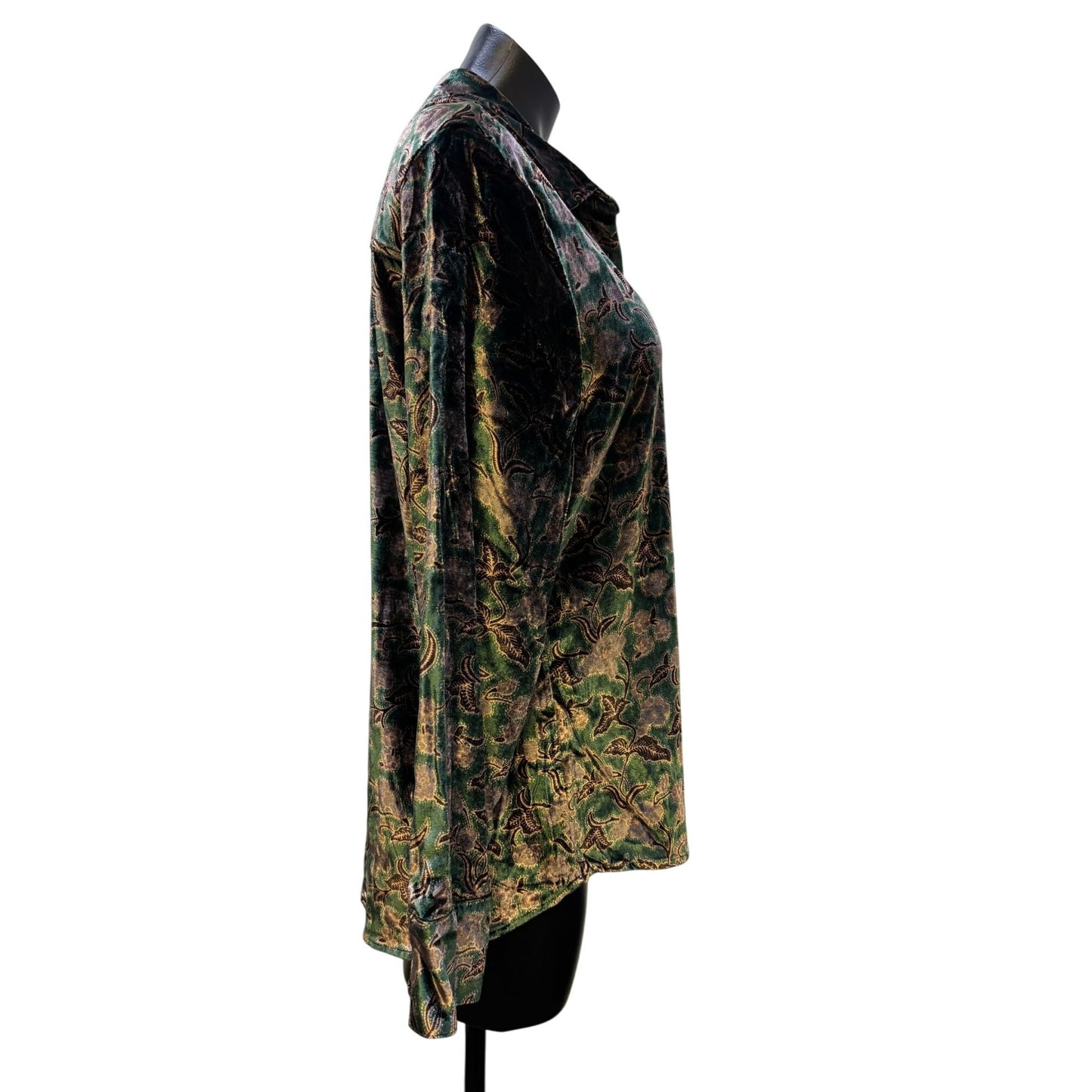 NWT Faherty Stretch Silk Velvet Print Blouse Green Size M