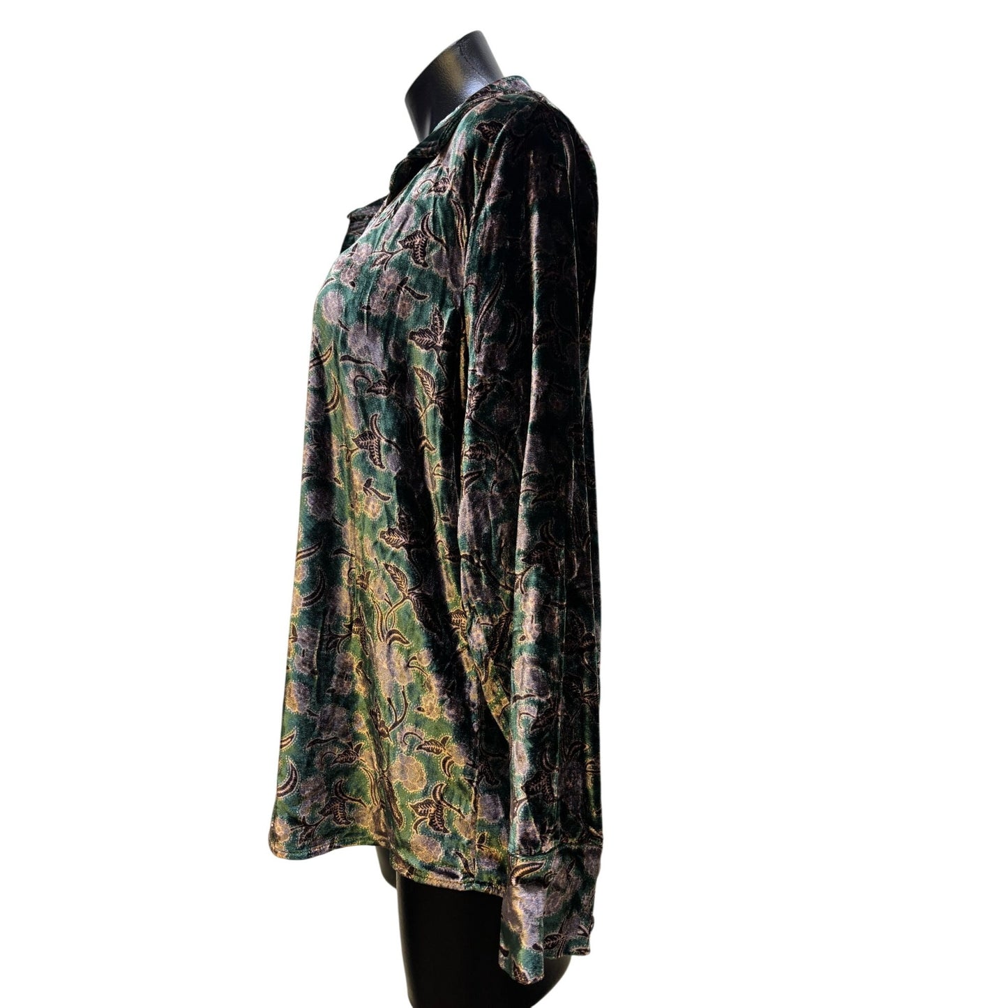 NWT Faherty Stretch Silk Velvet Print Blouse Green Size M