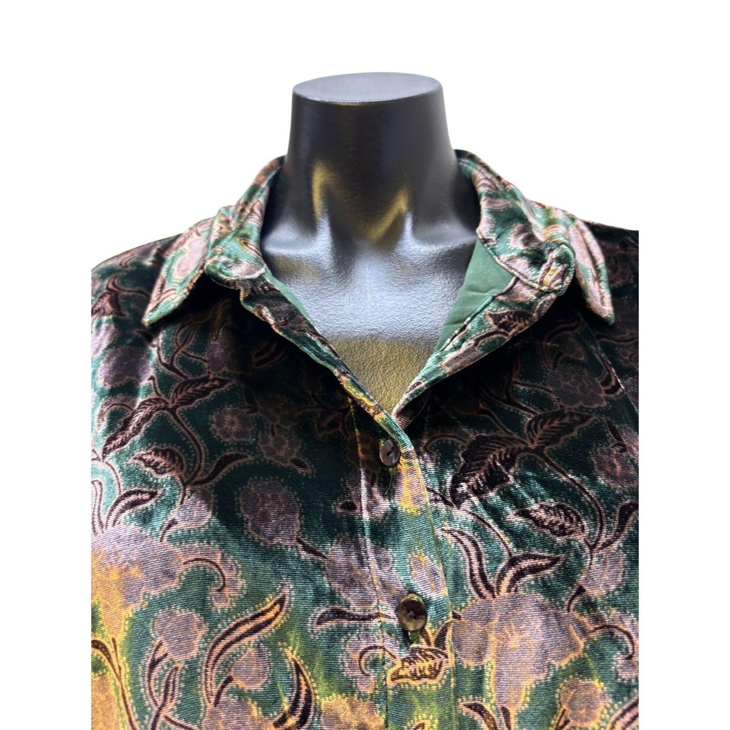 NWT Faherty Stretch Silk Velvet Print Blouse Green Size M