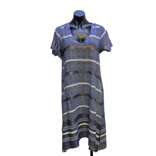 NWOT Lula Soul Blue w/White Print & Pewter & White Sequin Stripes V-neck Dress w/Slip Size Medium