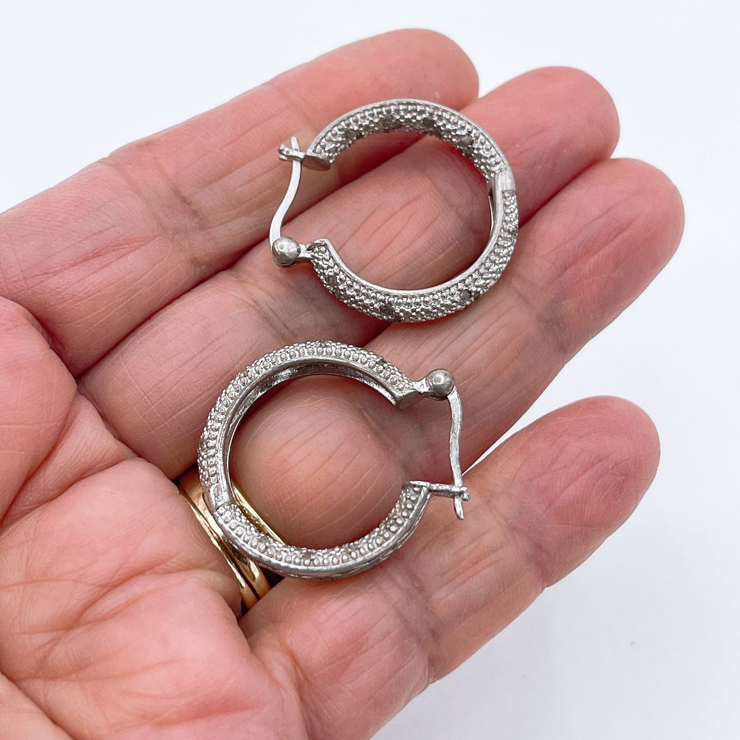 925 Vintage Sterling Silver Diamond Accent Snap Close Hoop Earrings