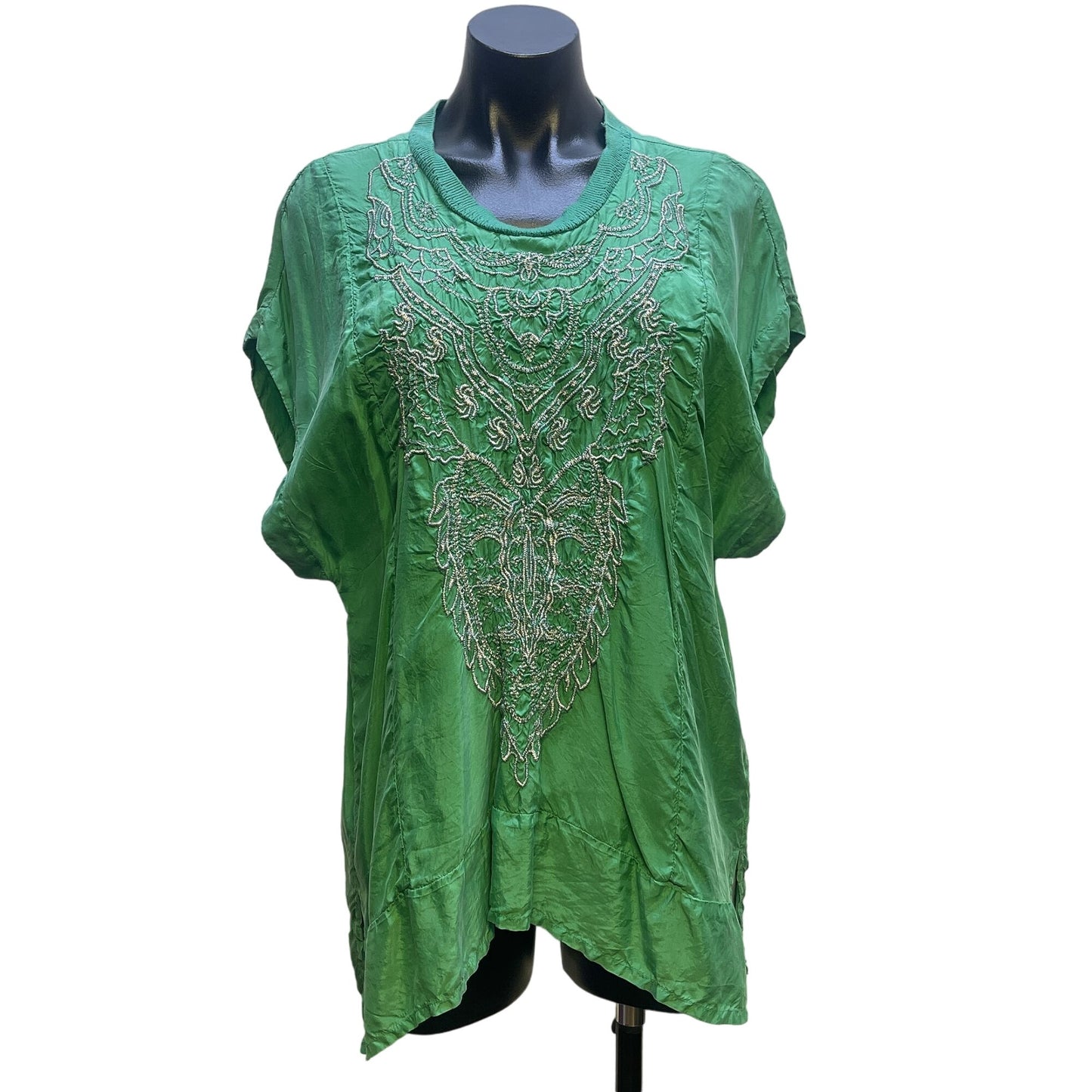 Pete & Greta Johnny Was Green w/Silver Embroidery Tunic Blouse Size Medium