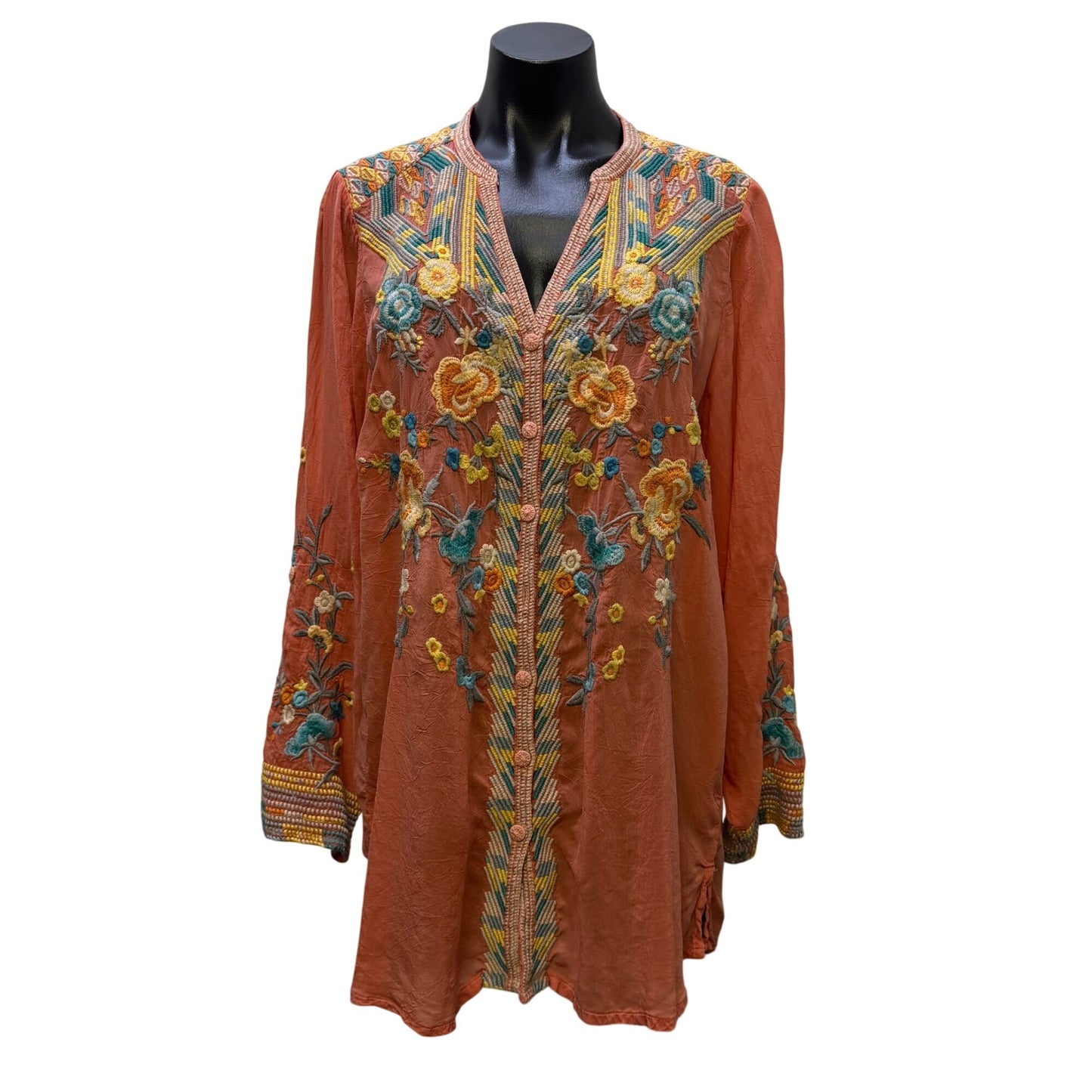Johnny Was Embroidered Tunic Blouse Orange Multi Long Sleeve L