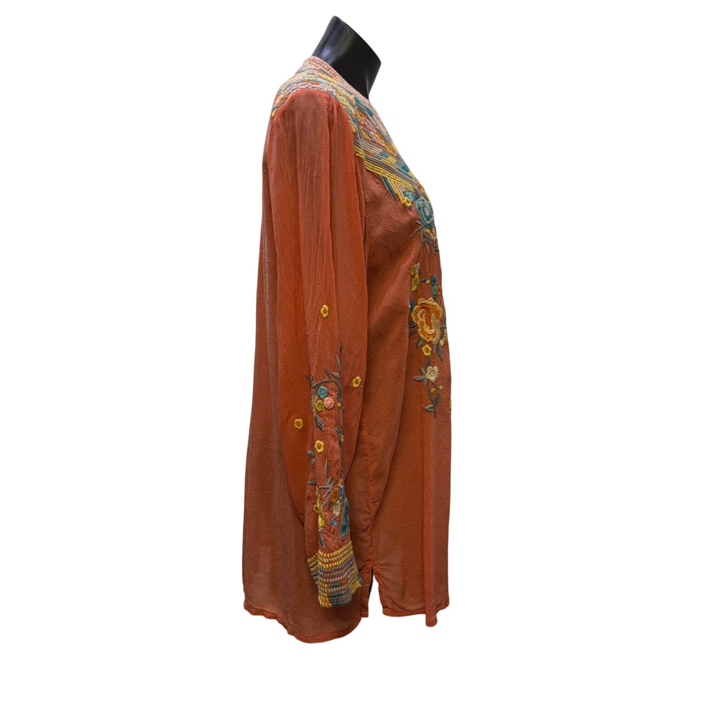 Johnny Was Embroidered Tunic Blouse Orange Multi Long Sleeve L