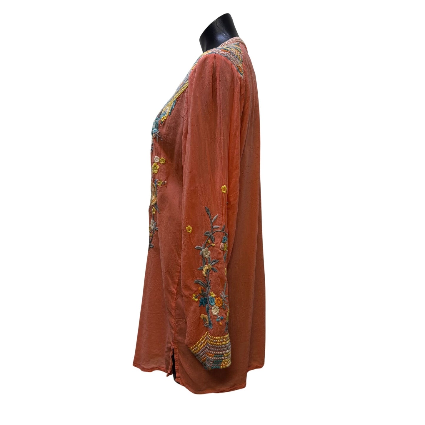 Johnny Was Embroidered Tunic Blouse Orange Multi Long Sleeve L