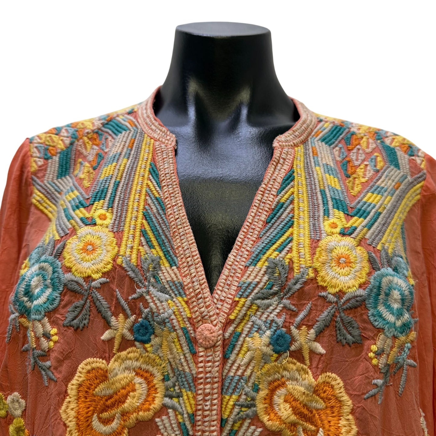Johnny Was Embroidered Tunic Blouse Orange Multi Long Sleeve L