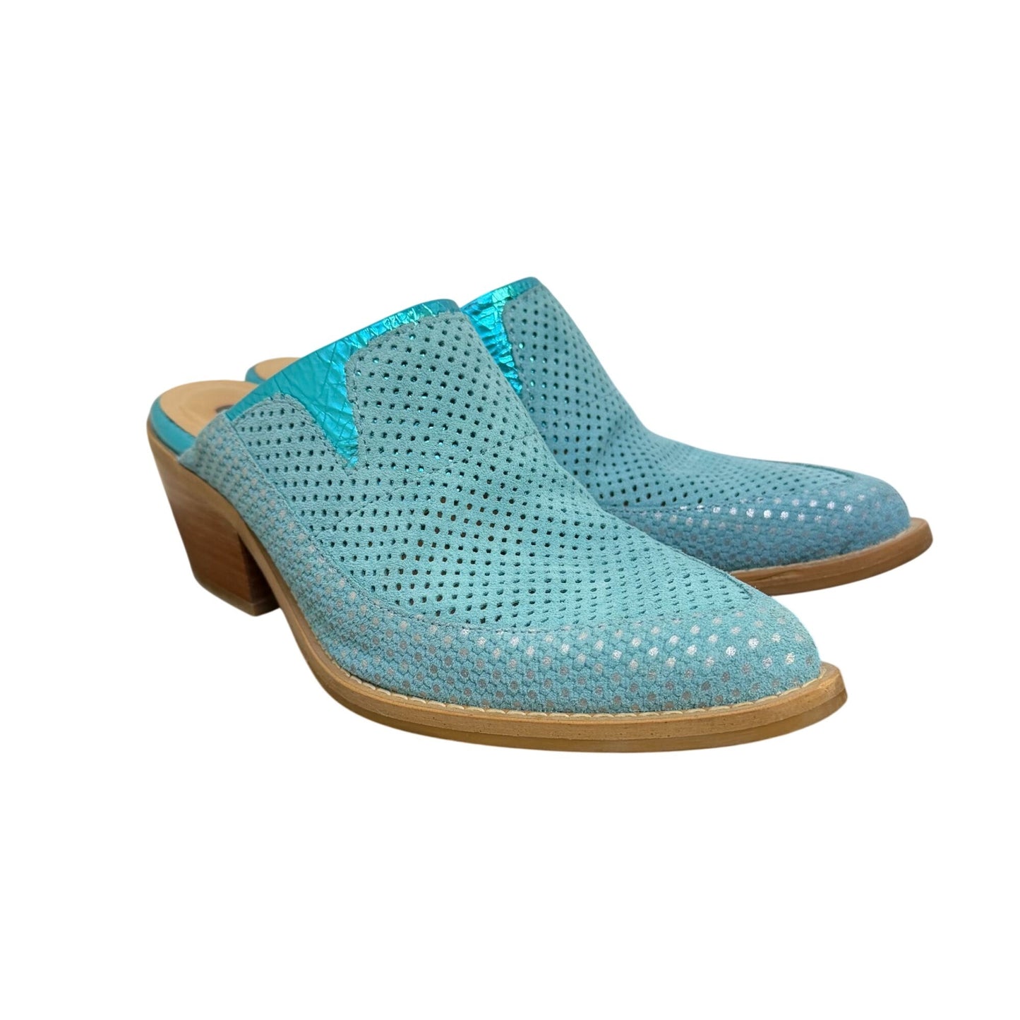 Turquoise Perforated Leather Mules With Wooden Heels Size 7.5