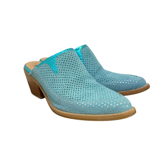 Turquoise Perforated Leather Mules With Wooden Heels Size 7.5