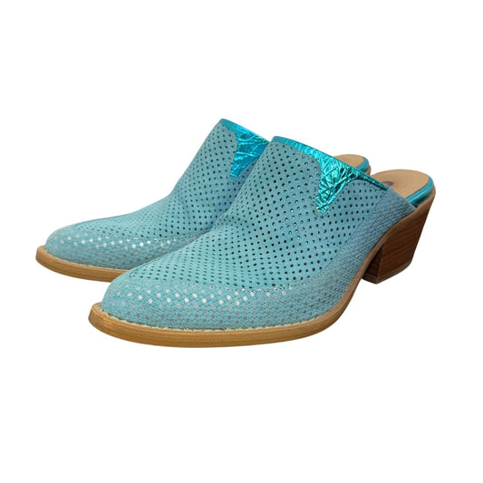 Turquoise Perforated Leather Mules With Wooden Heels Size 7.5