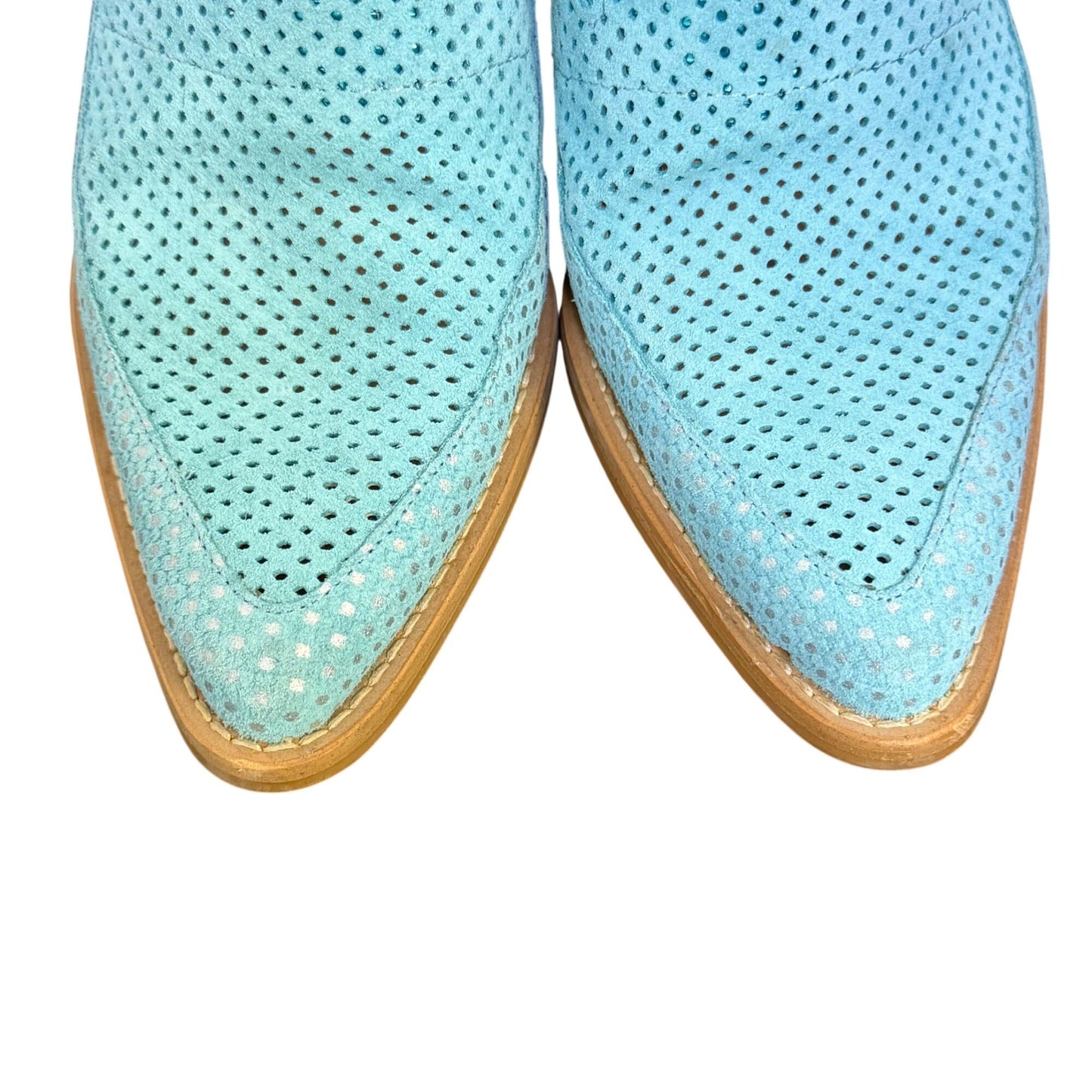 Turquoise Perforated Leather Mules With Wooden Heels Size 7.5