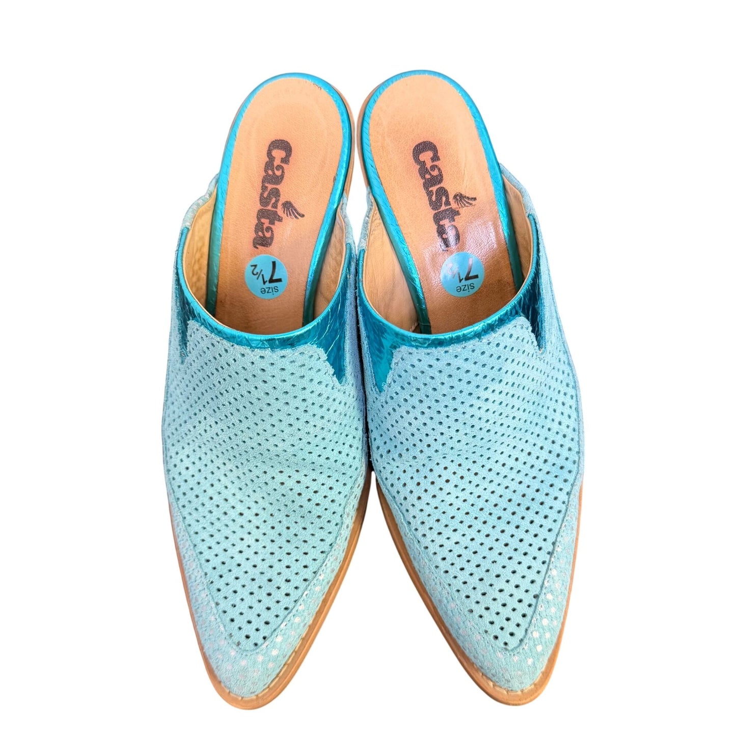 Turquoise Perforated Leather Mules With Wooden Heels Size 7.5