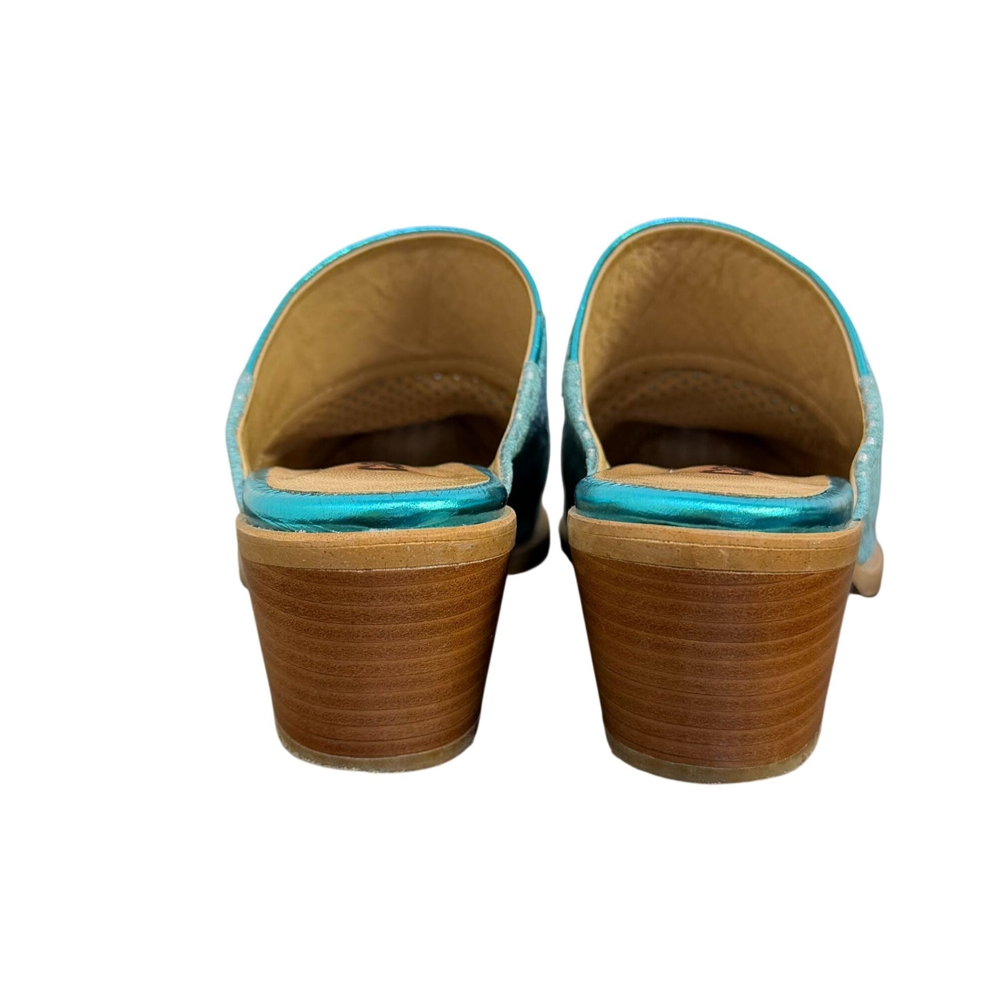 Turquoise Perforated Leather Mules With Wooden Heels Size 7.5