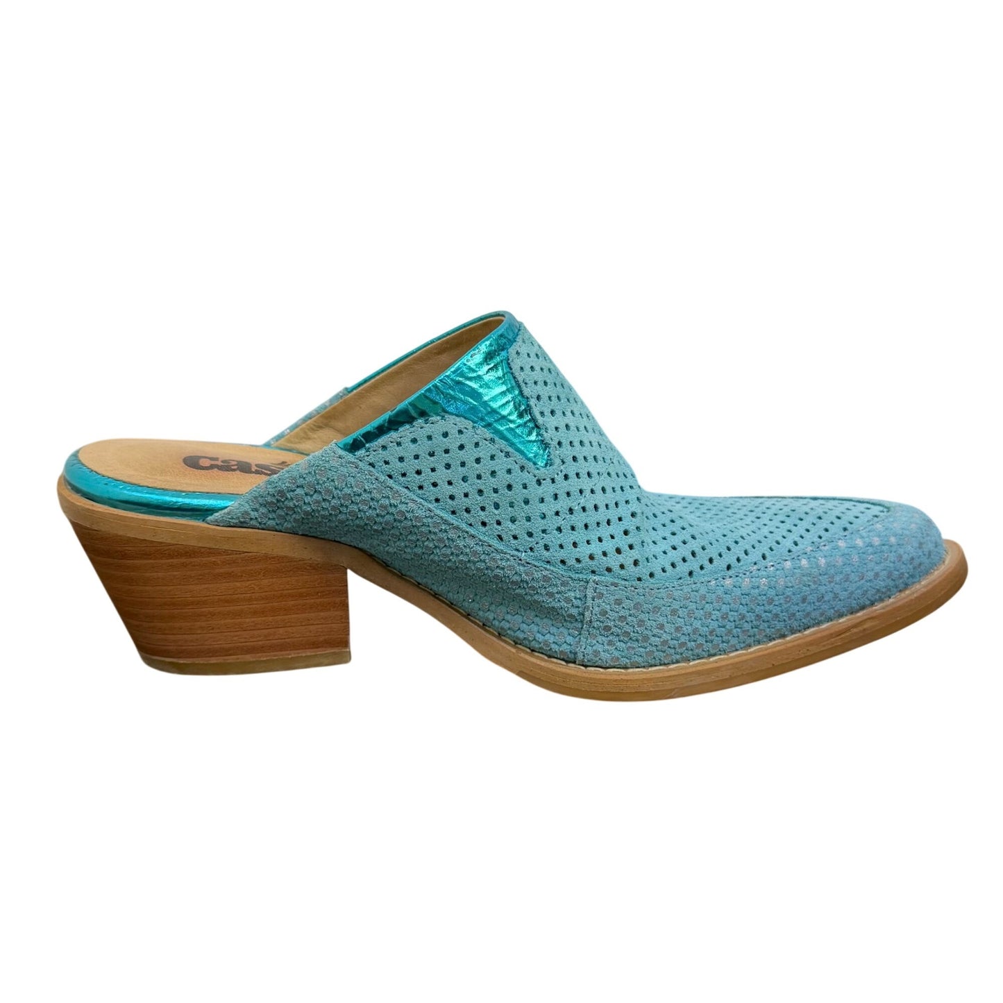 Turquoise Perforated Leather Mules With Wooden Heels Size 7.5