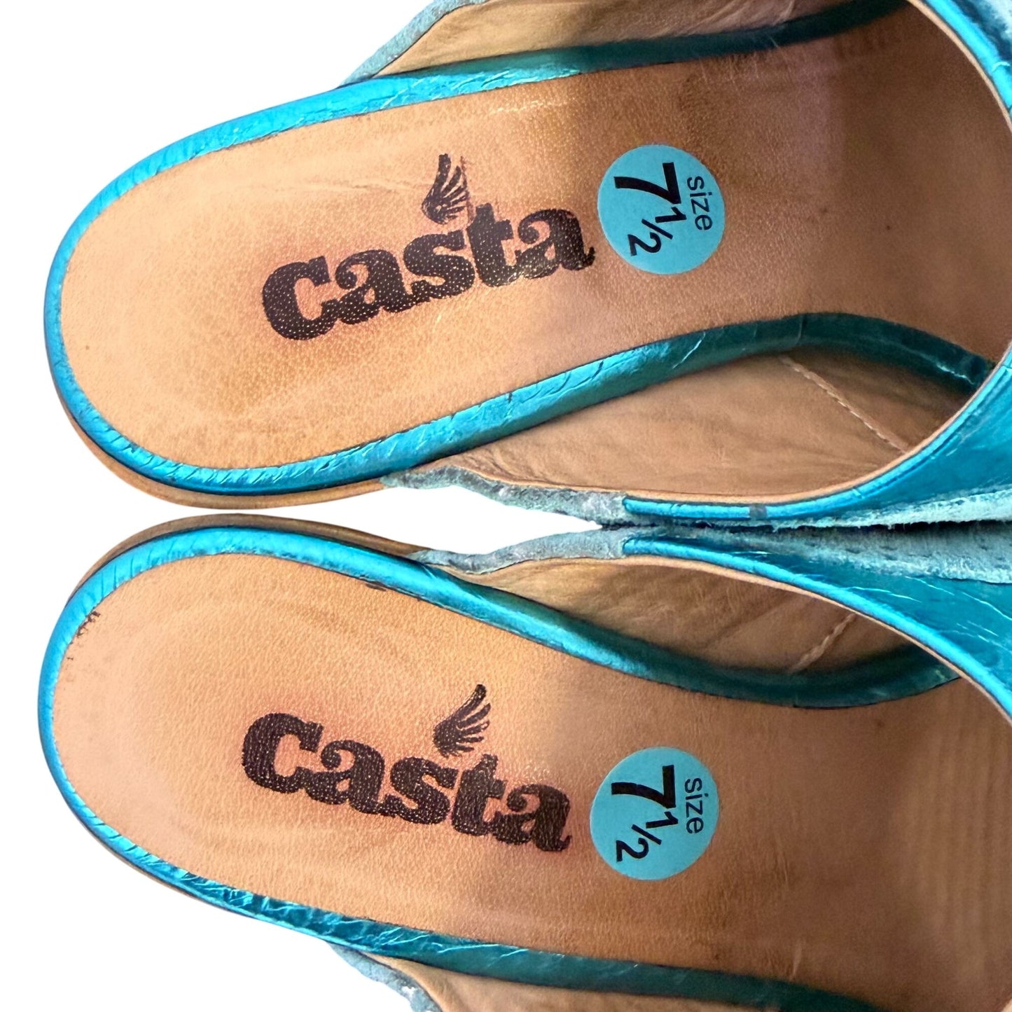 Turquoise Perforated Leather Mules With Wooden Heels Size 7.5