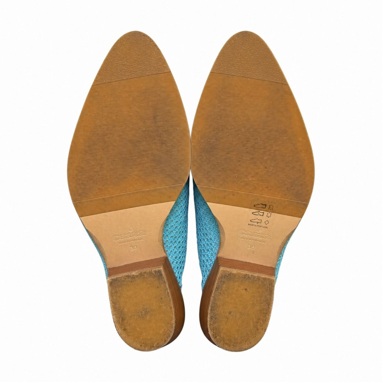 Turquoise Perforated Leather Mules With Wooden Heels Size 7.5