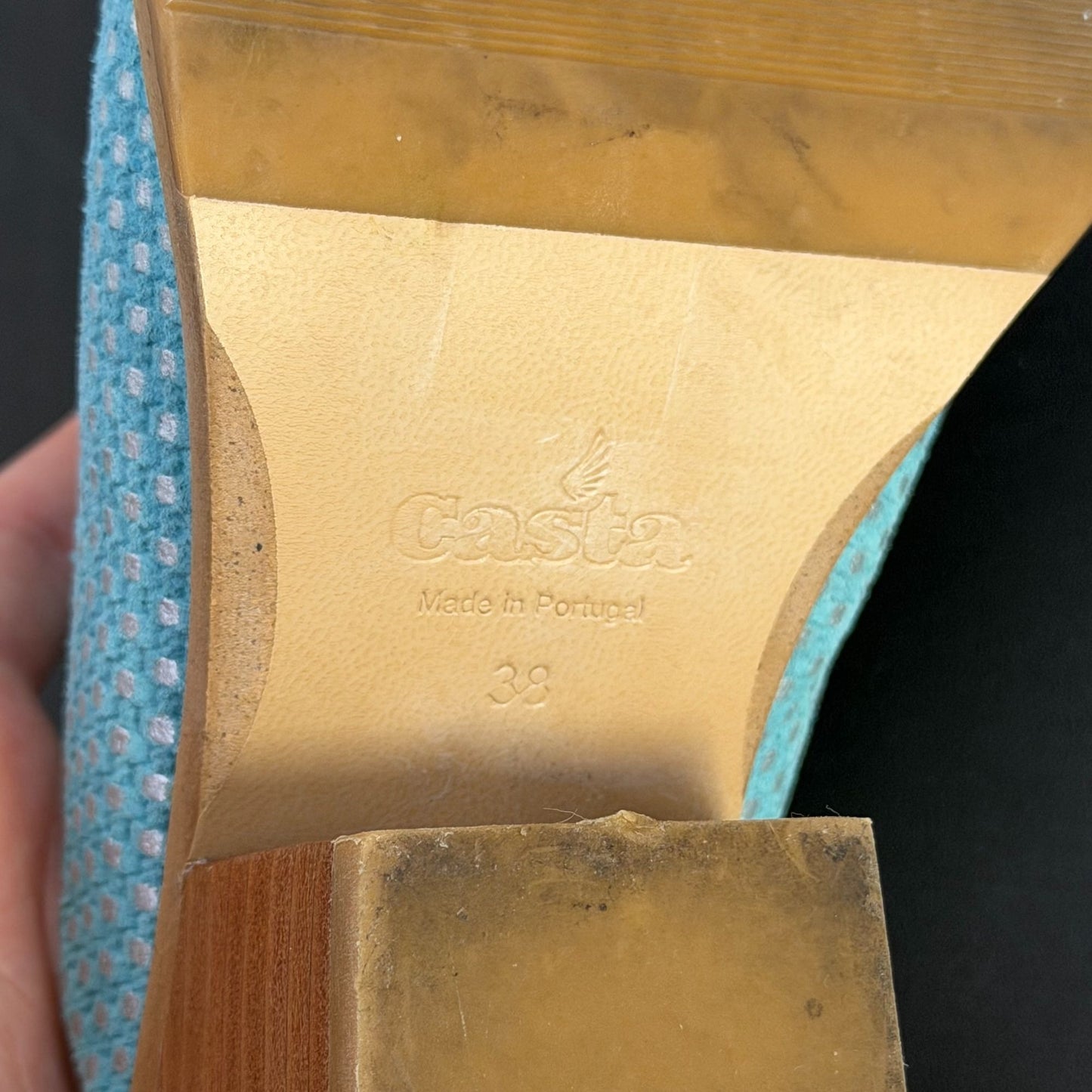 Turquoise Perforated Leather Mules With Wooden Heels Size 7.5