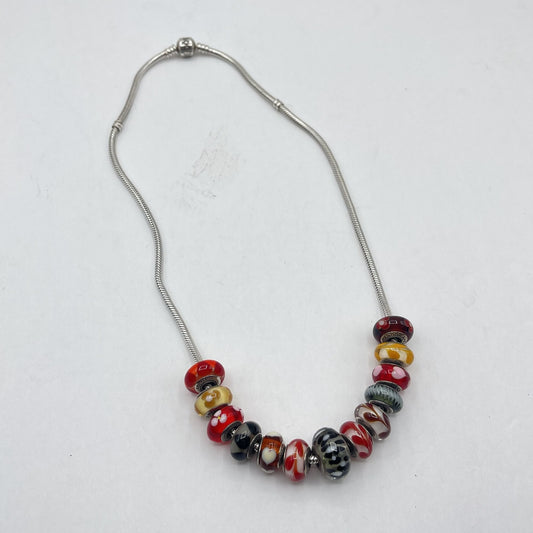 Pandora Style Silver Snake Chain Necklace With Colorful Murano Glass Beads w/Box