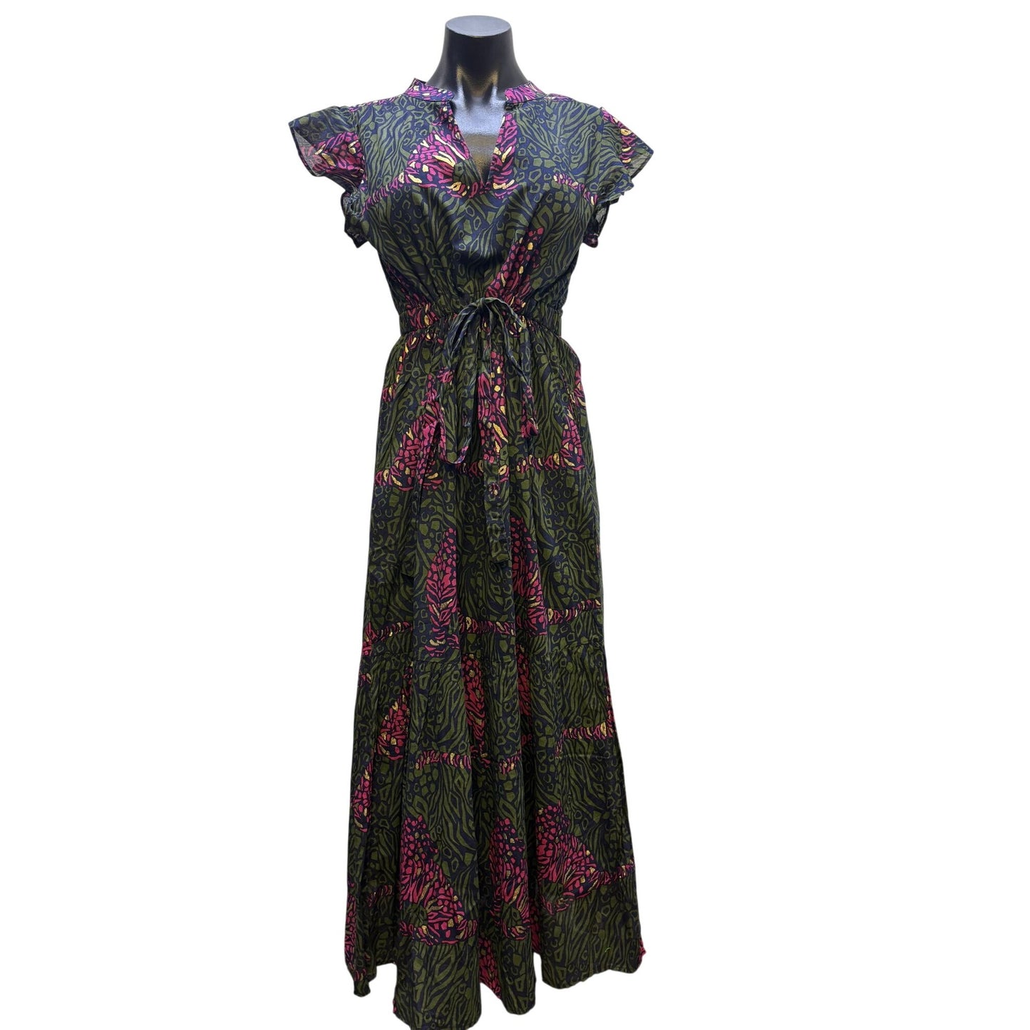 NWT Jude Connally Green Multi-Print Maxi Dress With Tie Waist & Cap Sleeves S