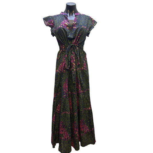 NWT Jude Connally Green Multi-Print Maxi Dress With Tie Waist & Cap Sleeves S