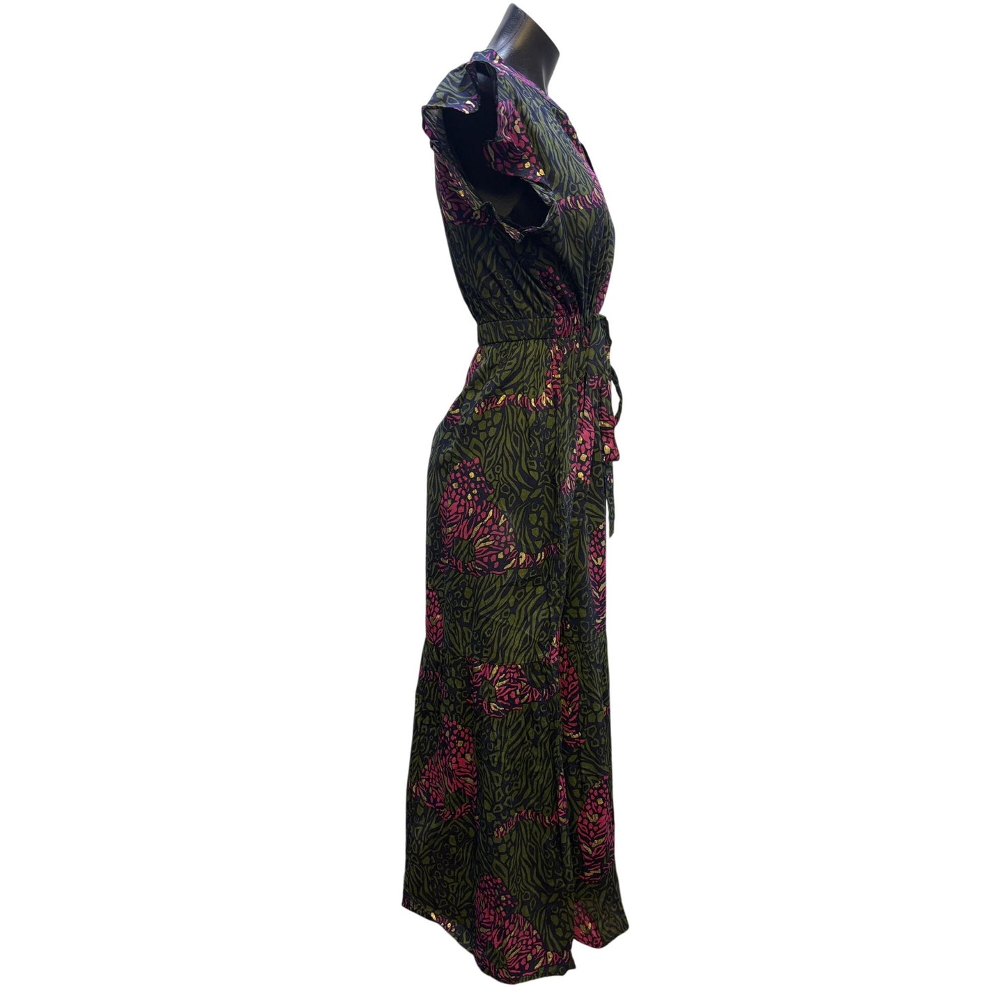 NWT Jude Connally Green Multi-Print Maxi Dress With Tie Waist & Cap Sleeves S