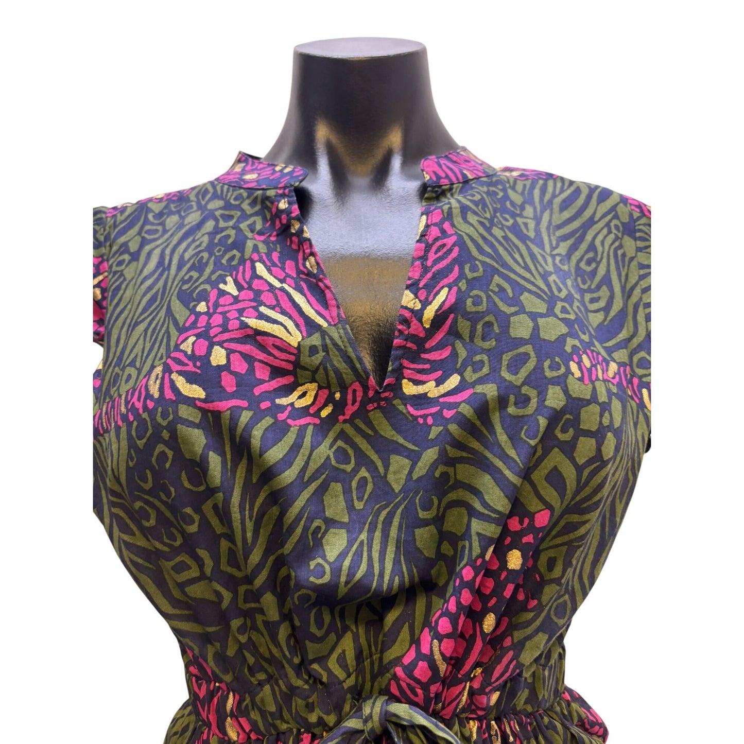 NWT Jude Connally Green Multi-Print Maxi Dress With Tie Waist & Cap Sleeves S