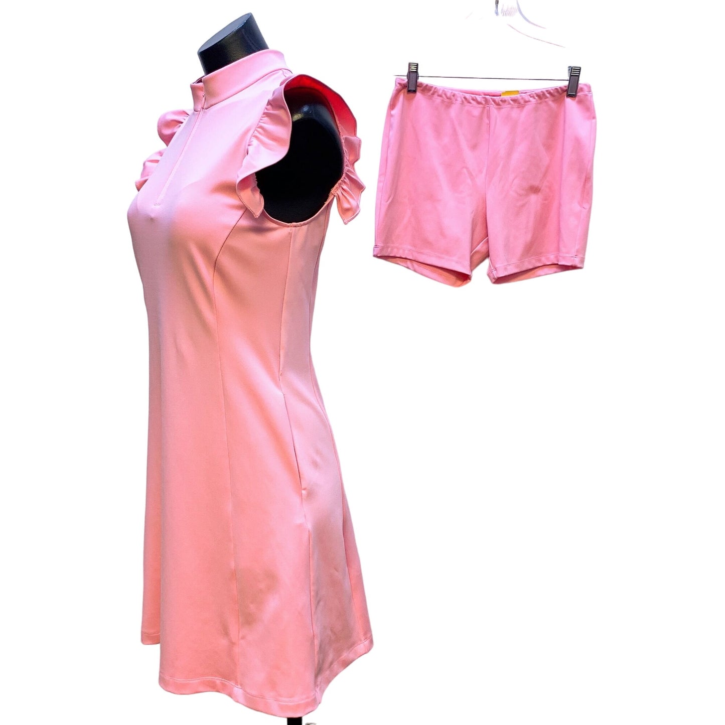 Byrdie Golf Pink Sleeveless Dress & Shorts Set Ruffle Shoulders Zip Collar S