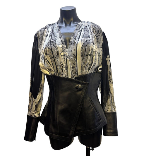 Jean Claude Jitrois Sheer White & Black Leather Accent Blouse M