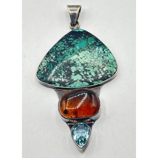 Charles Albert Sterling Silver Pendant Turquoise Amber Blue Topaz 925