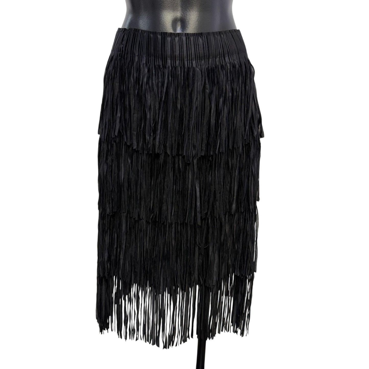 NWT W.A.Y Black Layered Fringe Skirt Elastic Waist OS