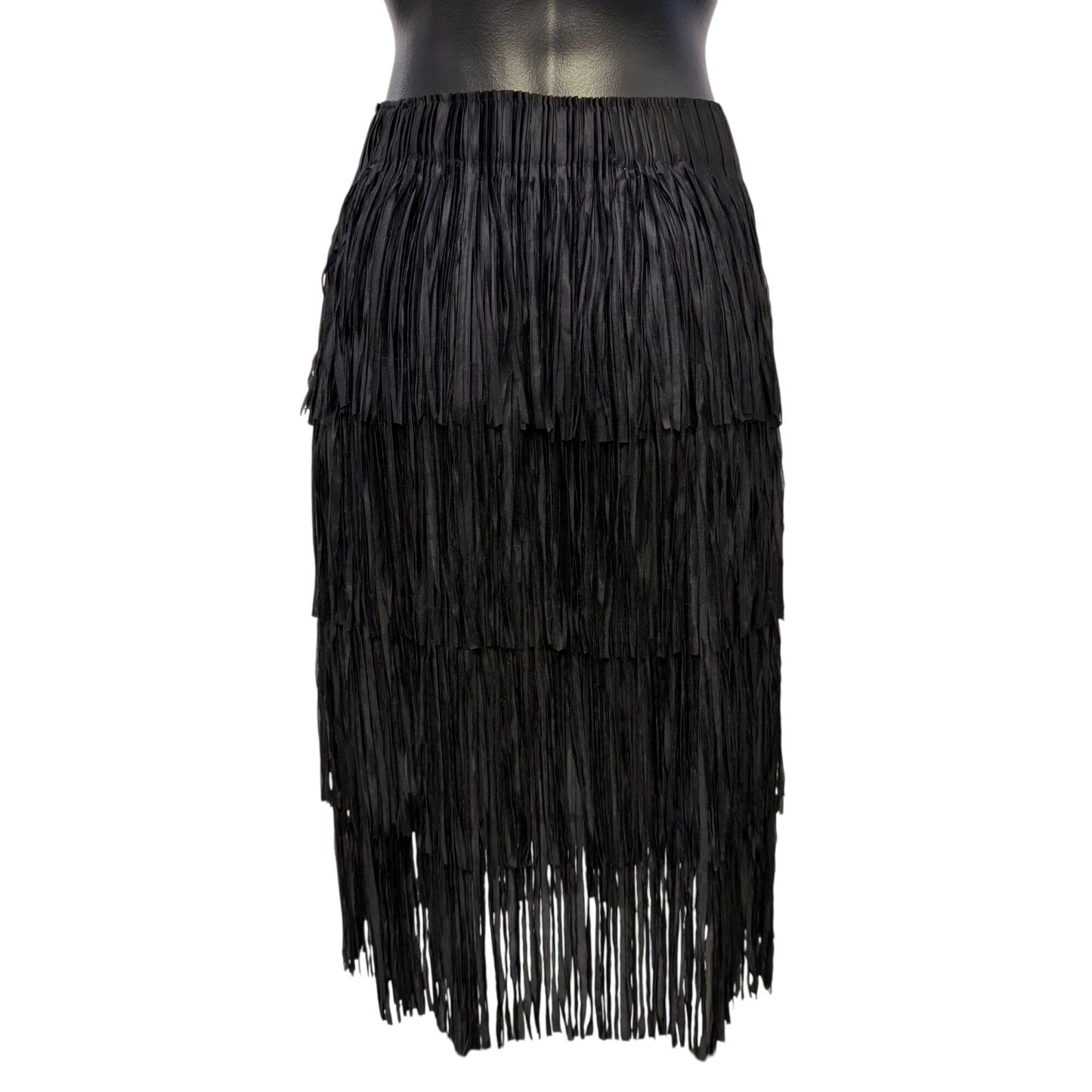 NWT W.A.Y Black Layered Fringe Skirt Elastic Waist OS