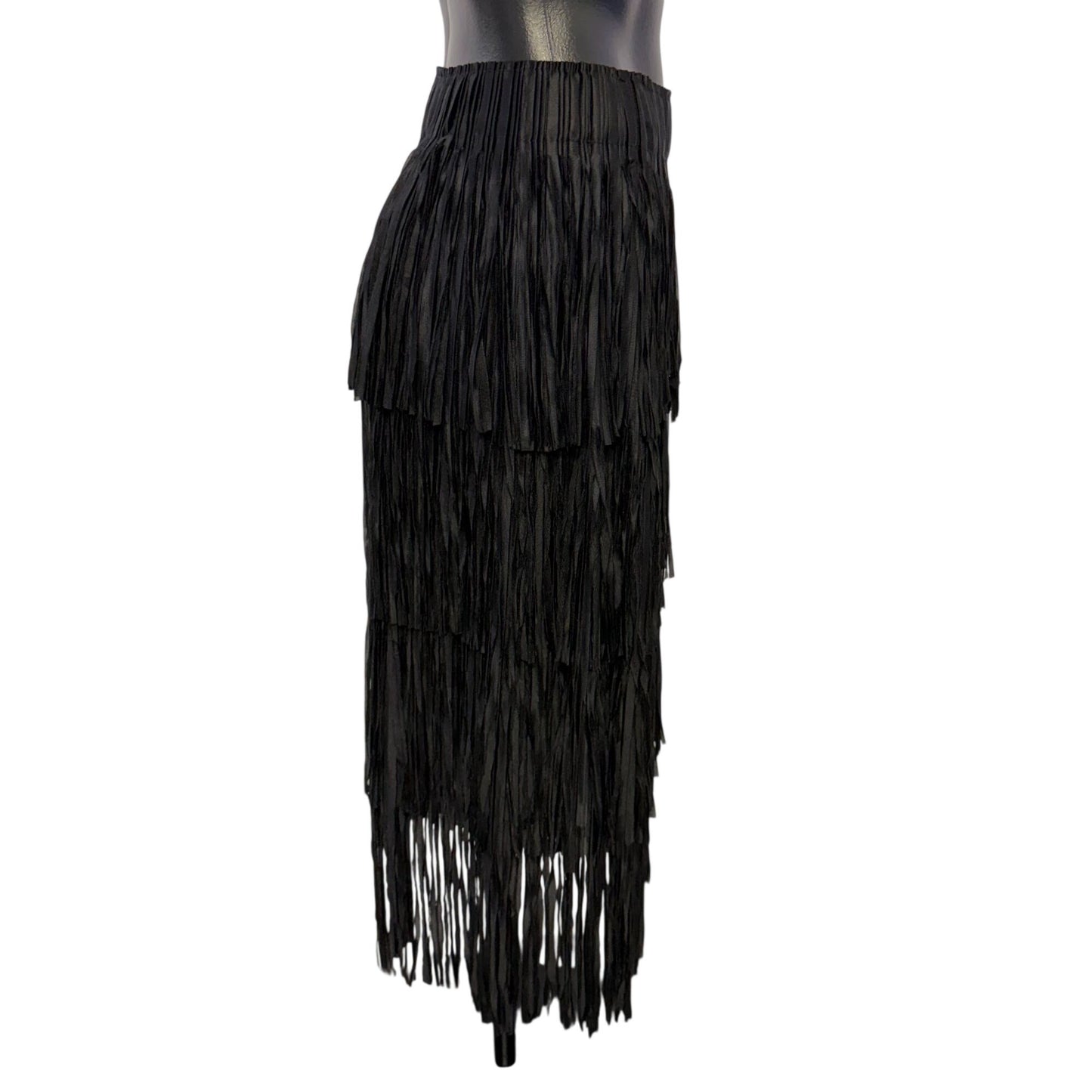 NWT W.A.Y Black Layered Fringe Skirt Elastic Waist OS
