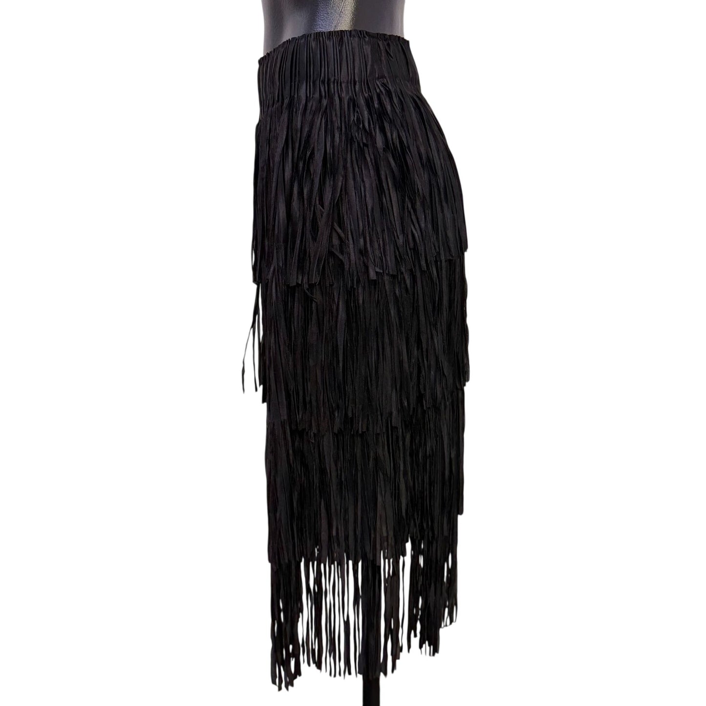 NWT W.A.Y Black Layered Fringe Skirt Elastic Waist OS