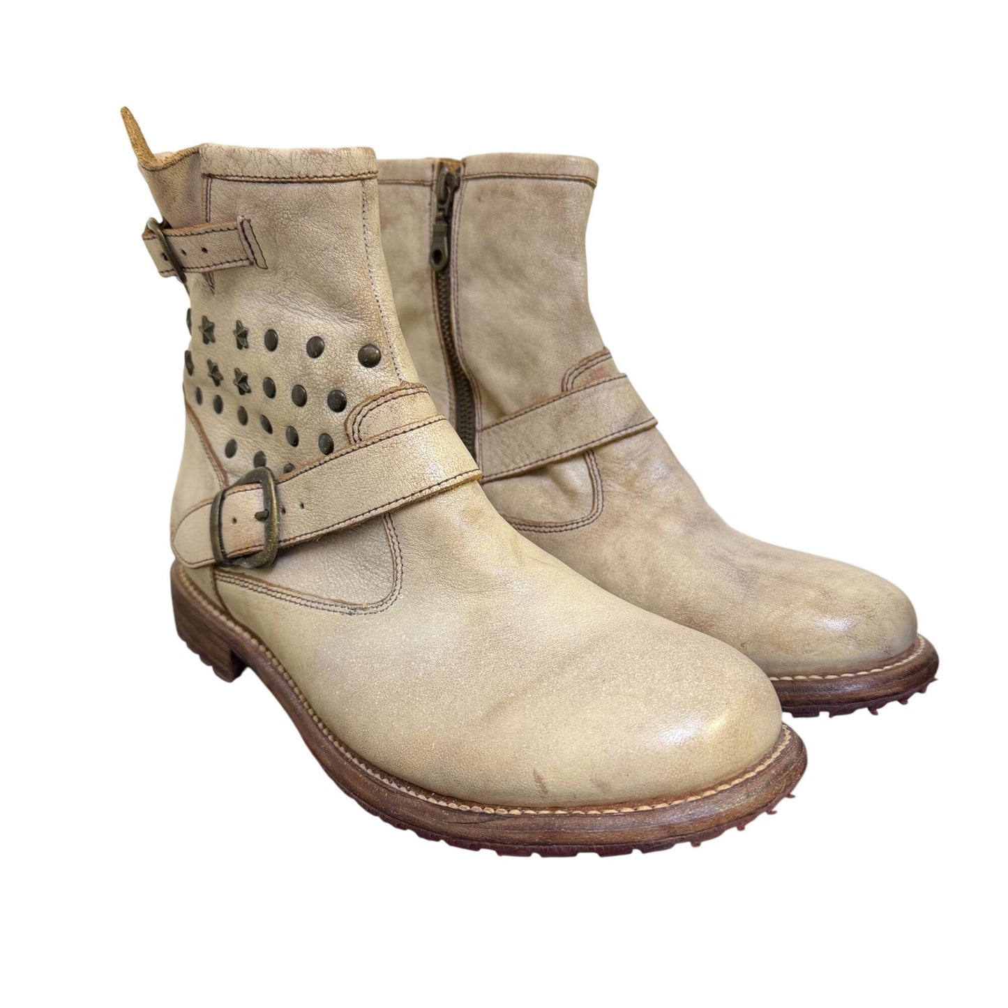 Bed Stu Distressed Cream Leather Studded Ankle Boots Size 10
