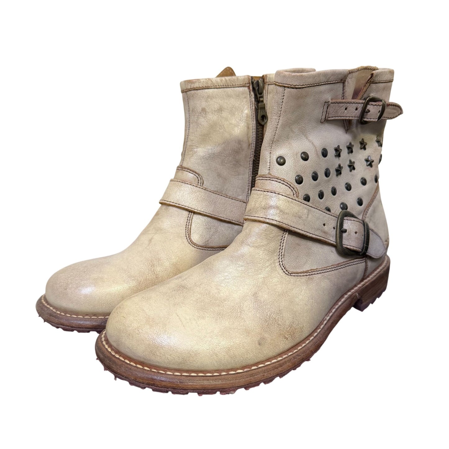 Bed Stu Distressed Cream Leather Studded Ankle Boots Size 10