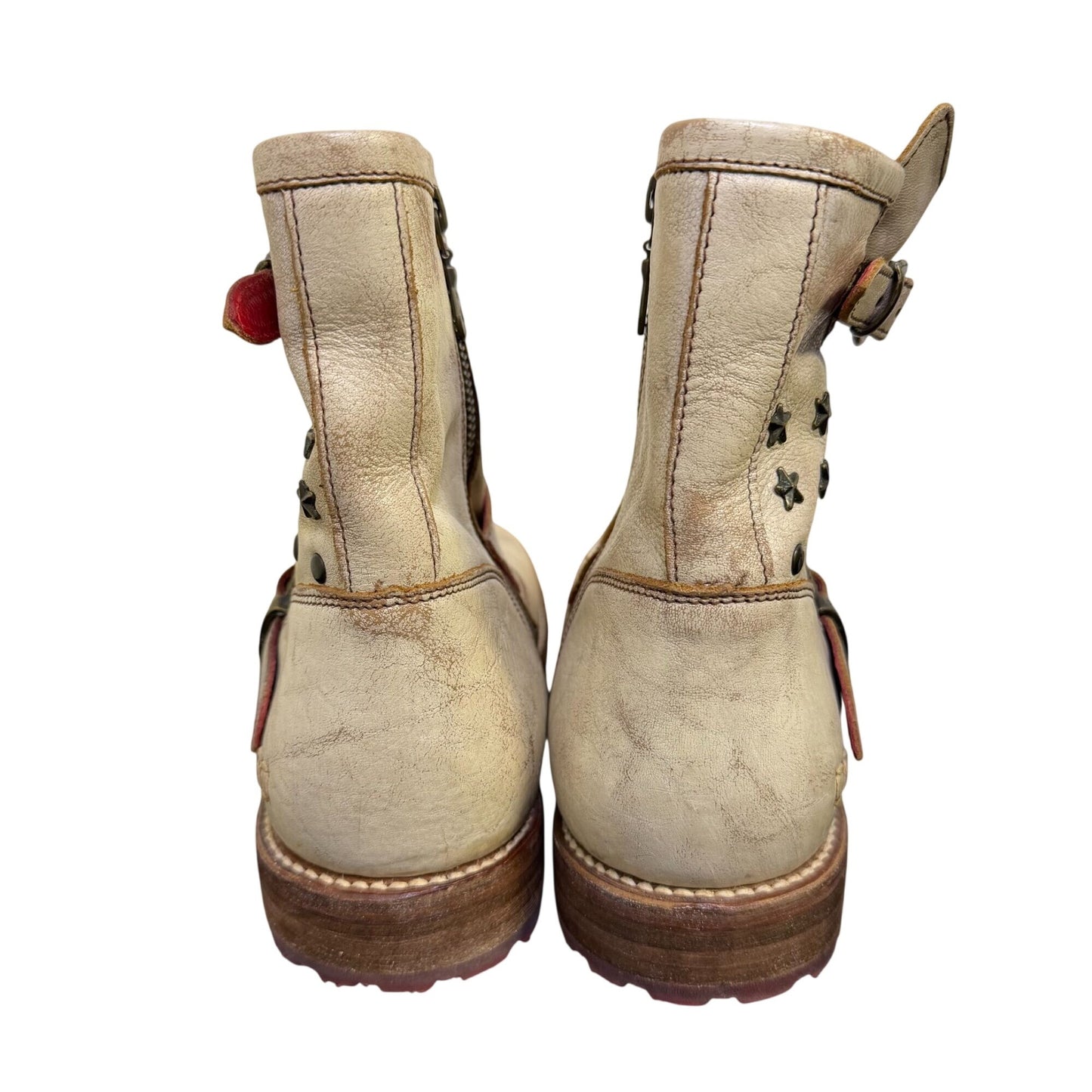 Bed Stu Distressed Cream Leather Studded Ankle Boots Size 10