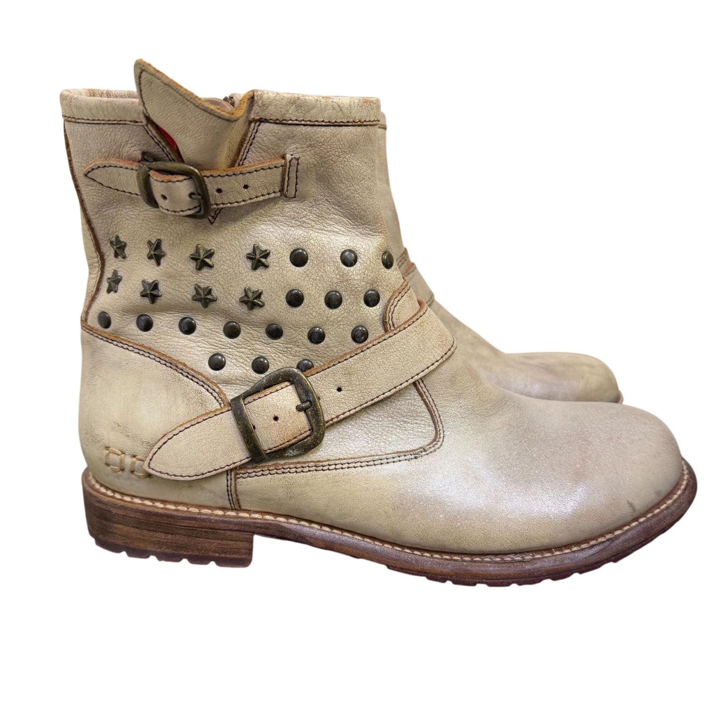 Bed Stu Distressed Cream Leather Studded Ankle Boots Size 10
