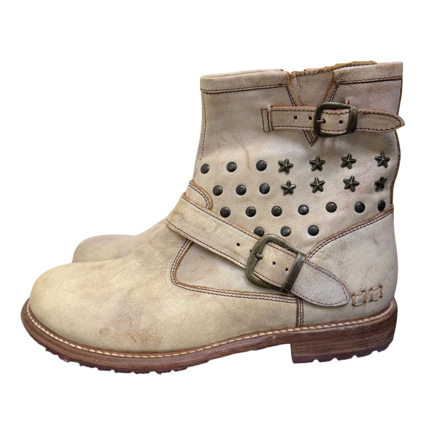Bed Stu Distressed Cream Leather Studded Ankle Boots Size 10