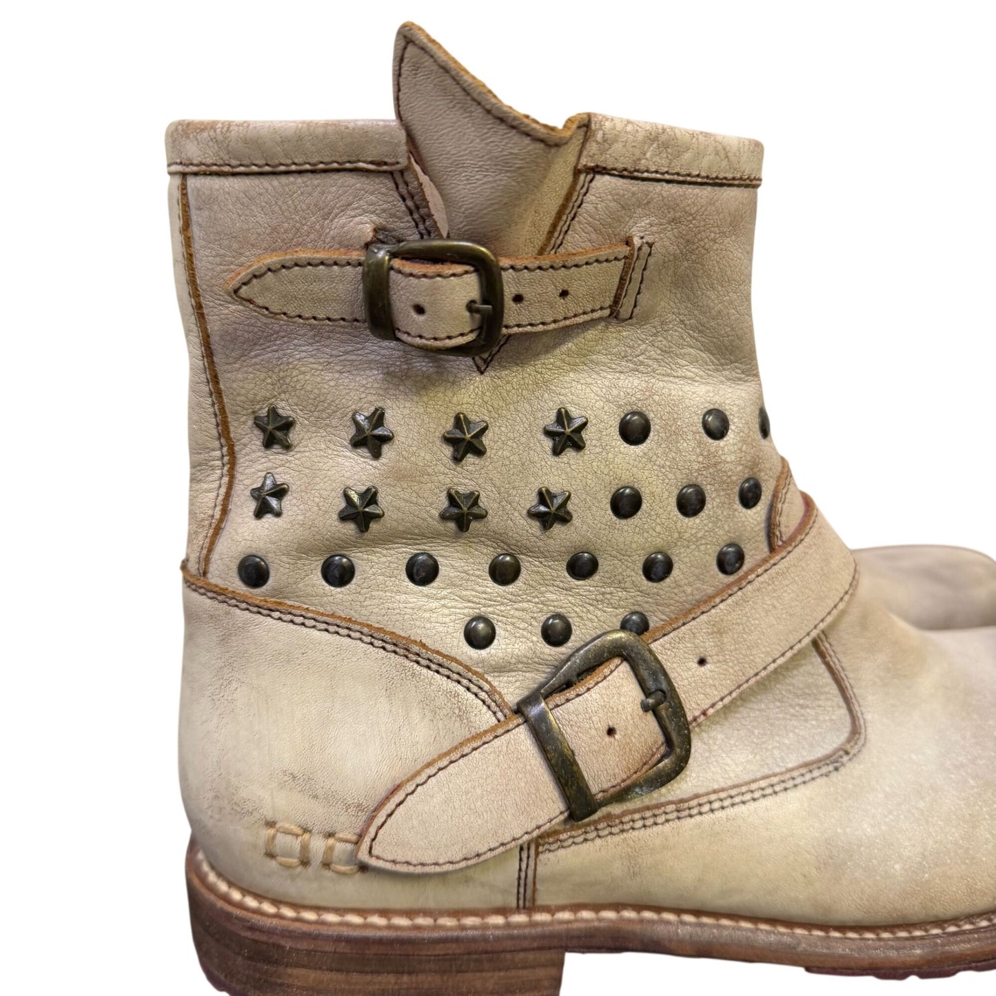 Bed Stu Distressed Cream Leather Studded Ankle Boots Size 10