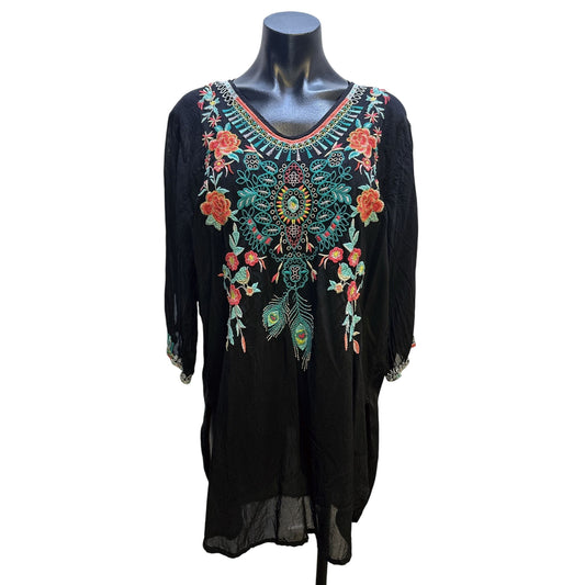 Johnny Was Boho Black Tunic Blouse w/Floral Embroidery Size L