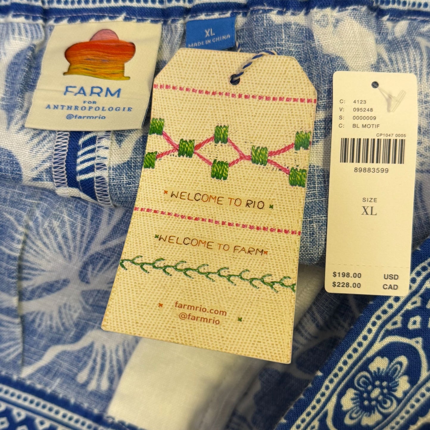 Farm Rio Linen Floral Pants Blue & Red XL