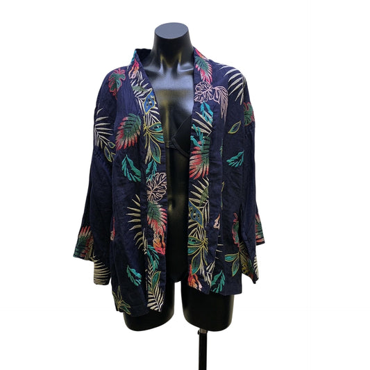 NWT Johnny Was Navy Floral Embroidered Open-Front Kimono L