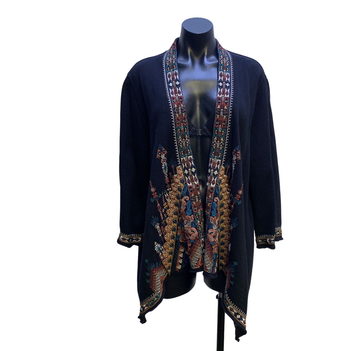 Johnny Was Black w/Multicolored Embroidery Open Cardigan Size L