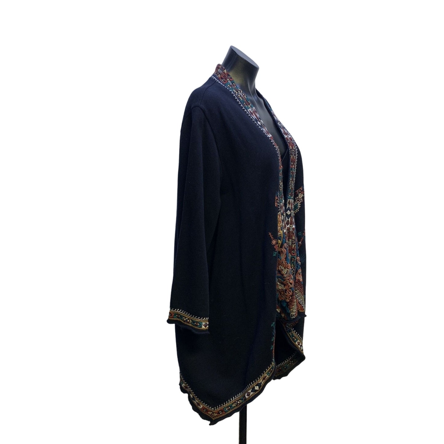 Johnny Was Black w/Multicolored Embroidery Open Cardigan Size L