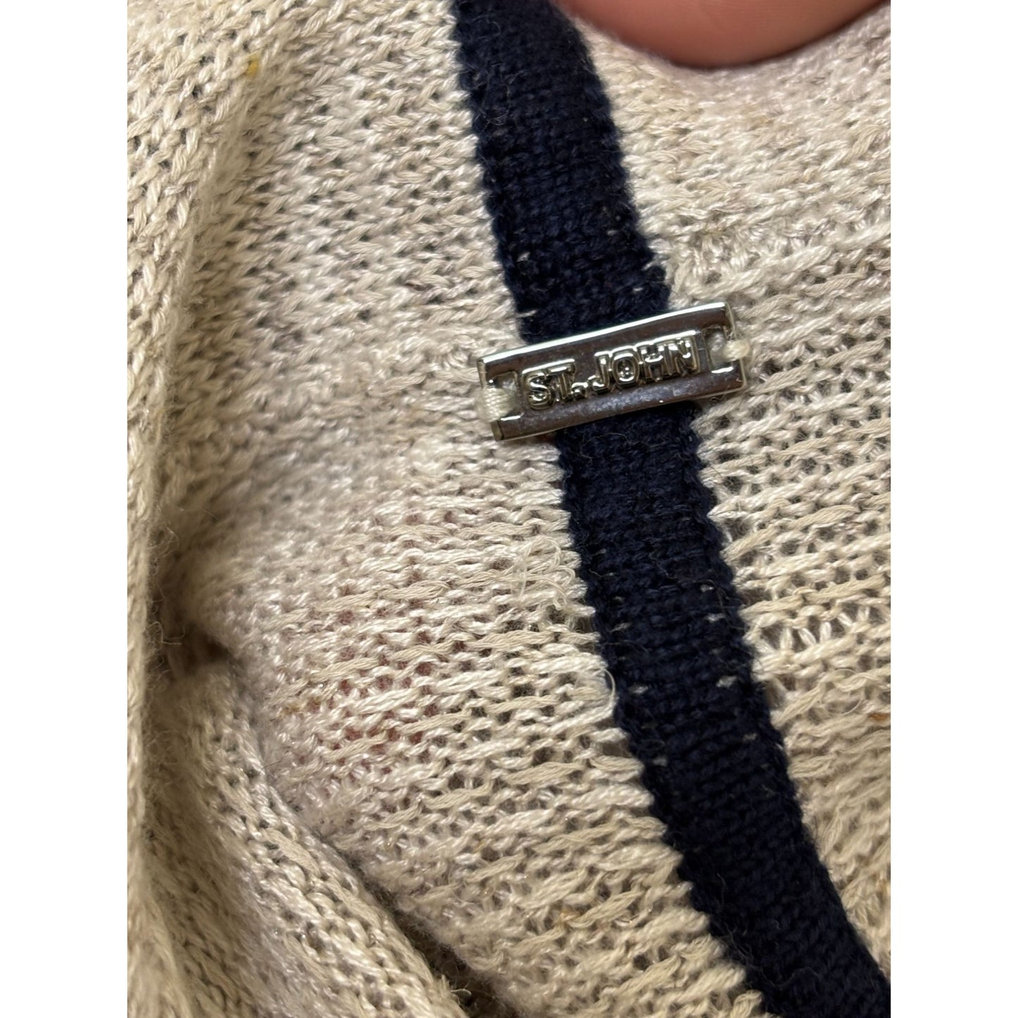 St John Sequined Accent Cardigan Tan With Black & Cream Trim L