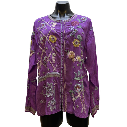 Johnny Was Purple Embroidered Floral Long Sleeve Blouse L