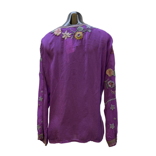 Johnny Was Purple Embroidered Floral Long Sleeve Blouse L