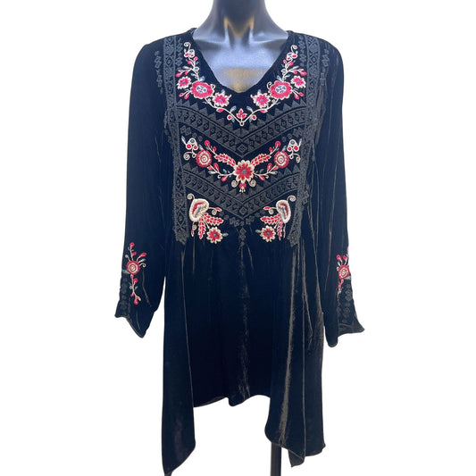 Johnny Was Womens Black Velvet Dress/Tunic Colorful Embroidery Size M